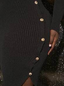 Slaydiva 大碼紐扣細節下擺開叉緊身毛衣洋裝 - 黑色 - 查看 5