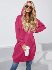 SHEIN Essnce Zip Up Drop Shoulder Drawstring Thermal Lined Hoodie - Hot Pink - View 6