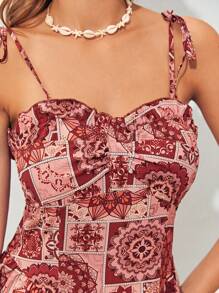 Soleia Patchwork Print Ruched Bust Ruffle Hem Cami Romper