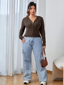 SHEIN EZwear 大碼拉鏈開襟抽繩連帽開襟衫 - 咖啡棕 - 查看 5