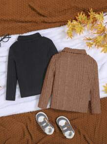 SHEIN 2pcs Baby Boy/Girl Solid Color Soft Comfortable Knit Casual Long Sleeve Top Set - Brown - View 2
