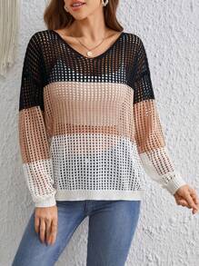 SHEIN VCAY 撞色後扭結落肩袖網眼針織套頭毛衣 - 彩色 - 查看 2