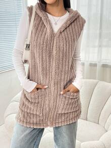 SHEIN EZwear Túi Kép áo có mũ Teddy Áo vest - Màu Khaki - Xem 3