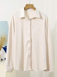 DAZY 纹理落肩纽扣前衬衫，秋季服装长袖上衣 - 米色 - 查看 5