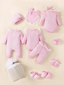 SHEIN Baby Girl 12pcs Contrast Lace Ruffle Trim Bodysuit & Hat & Shoes & Gloves