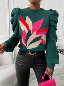 Chiquease Áo len dài tay họa tiết hoa mùa thu đông. - màu xanh lá - Xem 4