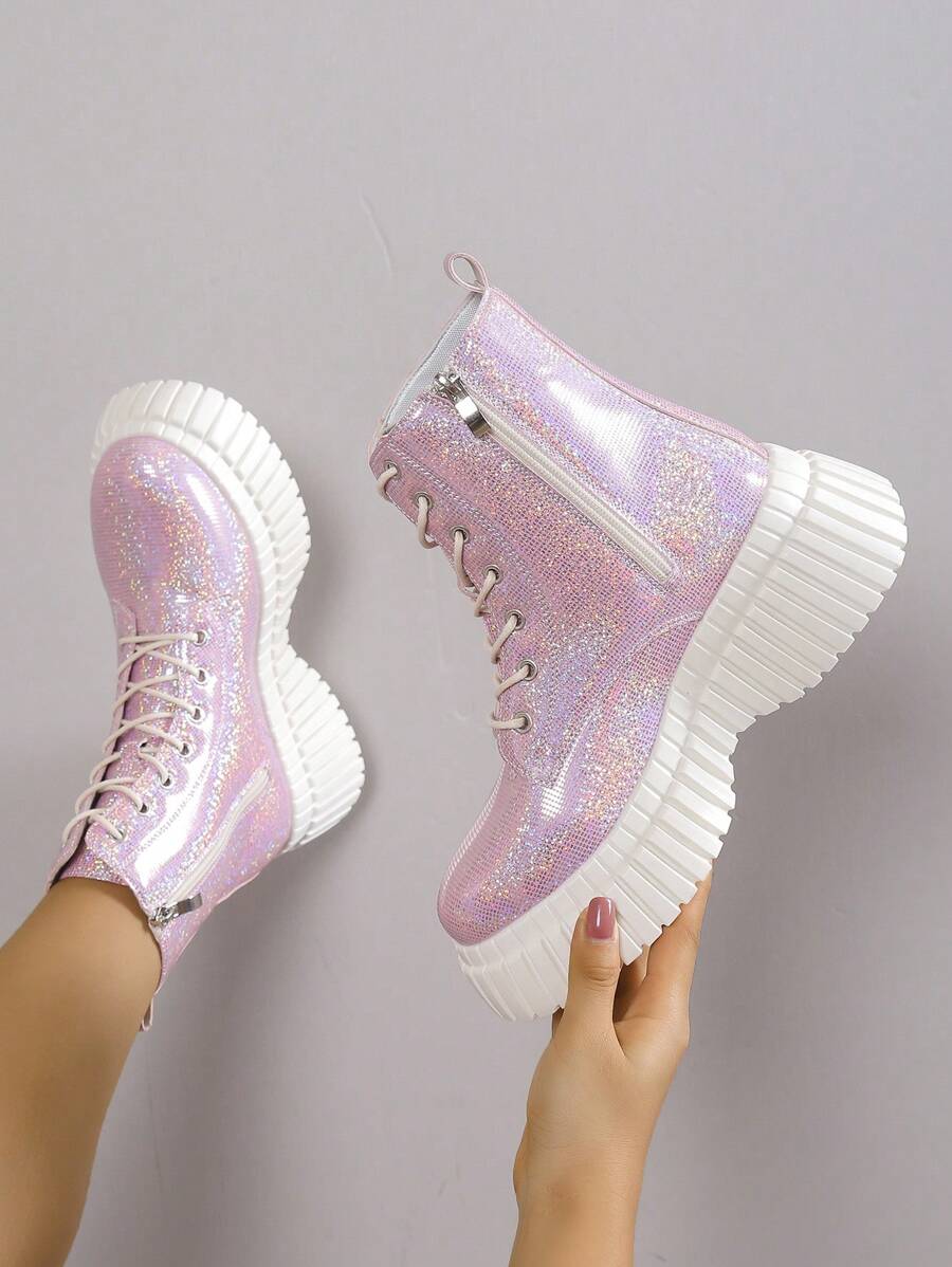 Giày Bốt Cổ Ngắn Cổ Tròn Chunky Phong Cách Châu Âu Thu Đông Tối Giản, Giày Boot Xe Máy Màu Hồng Sáng Bóng - Hồng - Xem 1