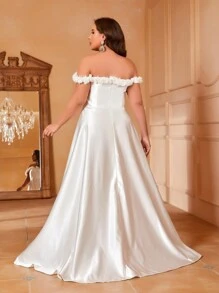 Plus Off Shoulder Split Thigh Wedding Dress - White - View 2
