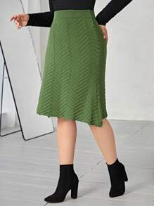 SHEIN LUNE Plus Solid A-line Chevron Knit Skirt - Army Green - View 4