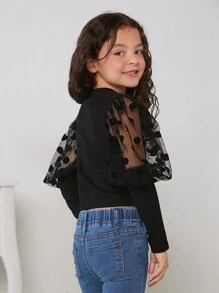 Tween Girl Contrast Dobby Mesh Gigot Sleeve Tee - Black - View 2
