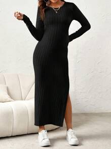 SHEIN Maternity Split Thigh Ribbed Knit Dress With Long Sleeve - Black - View 3