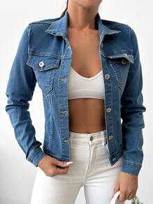 EURMUSE 翻盖口袋前纽扣牛仔夹克 - 中等水洗藍 - 查看 3