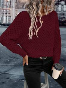 SHEIN LUNE 素色蝙蝠袖套頭毛衣 - 酒紅色 - 查看 5