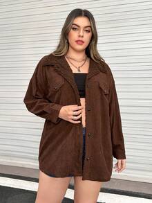 Flirla Hơn Thả vai Lót Teddy Áo khoác vải nhung - Cà phê nâu - Xem 5