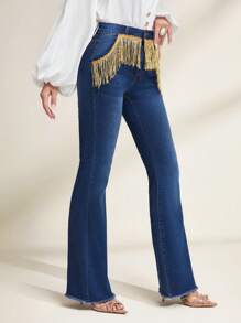 SHEIN Privé Vaqueros de pierna acampanada con ribete de flecos y cintura alta - Azul - Ver 5