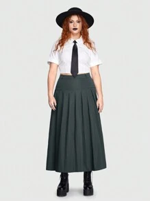 ROMWE Academia Plus High Waist Pleated Skirt - Grey - View 2