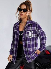 SHEIN EZwear 格紋&字母圖案落肩袖花呢外套 - 紫色 - 查看 5