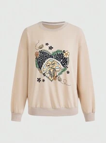 Atosha Heart & Floral Print Drop Shoulder Sweatshirt - Apricot - View 1