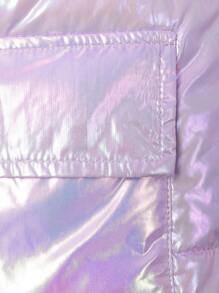SHEIN Tween Girl Flap Pocket Fuzzy Trim Hooded Holographic Padded Coat