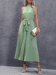 SHEIN Privé Solid Belted Pleated Halter Jumpsuit - Mint Green - View 1