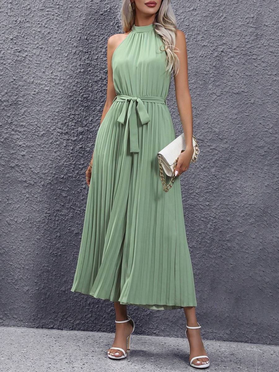 SHEIN Privé Solid Belted Pleated Halter Jumpsuit - Mint Green - View 1