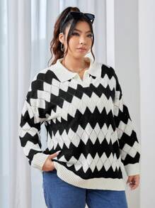 SHEIN EZwear Plus Chevron Pattern Drop Shoulder Sweater - Black and White - View 1