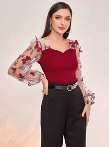 Modelyn 勃艮第红蝴蝶贴花网眼灯笼袖甜心领上衣 - 酒紅色 - 查看 3