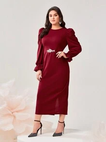 Modelyn Plus Chi tiết kim cương giả Đầm tay loe xẻ lưng - Đỏ - Xem 4