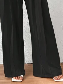 高腰拼接細節闊腿褲 - 黑色 - 查看 6