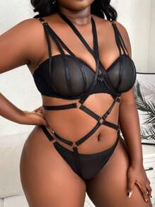 Classic Sexy Plus Ring Linked Harness Underwire Lingerie Set - Black - View 4