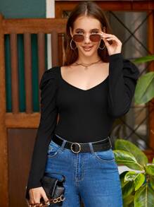 SHEIN Clasi Sweetheart Neck Gigot Sleeve Tee - Black - View 8