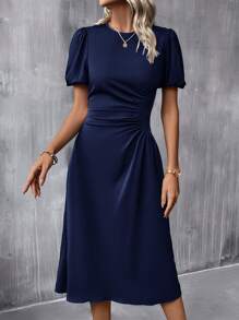 SHEIN Clasi Solid Ruched Puff Sleeve A-line Dress - Navy Blue - View 5