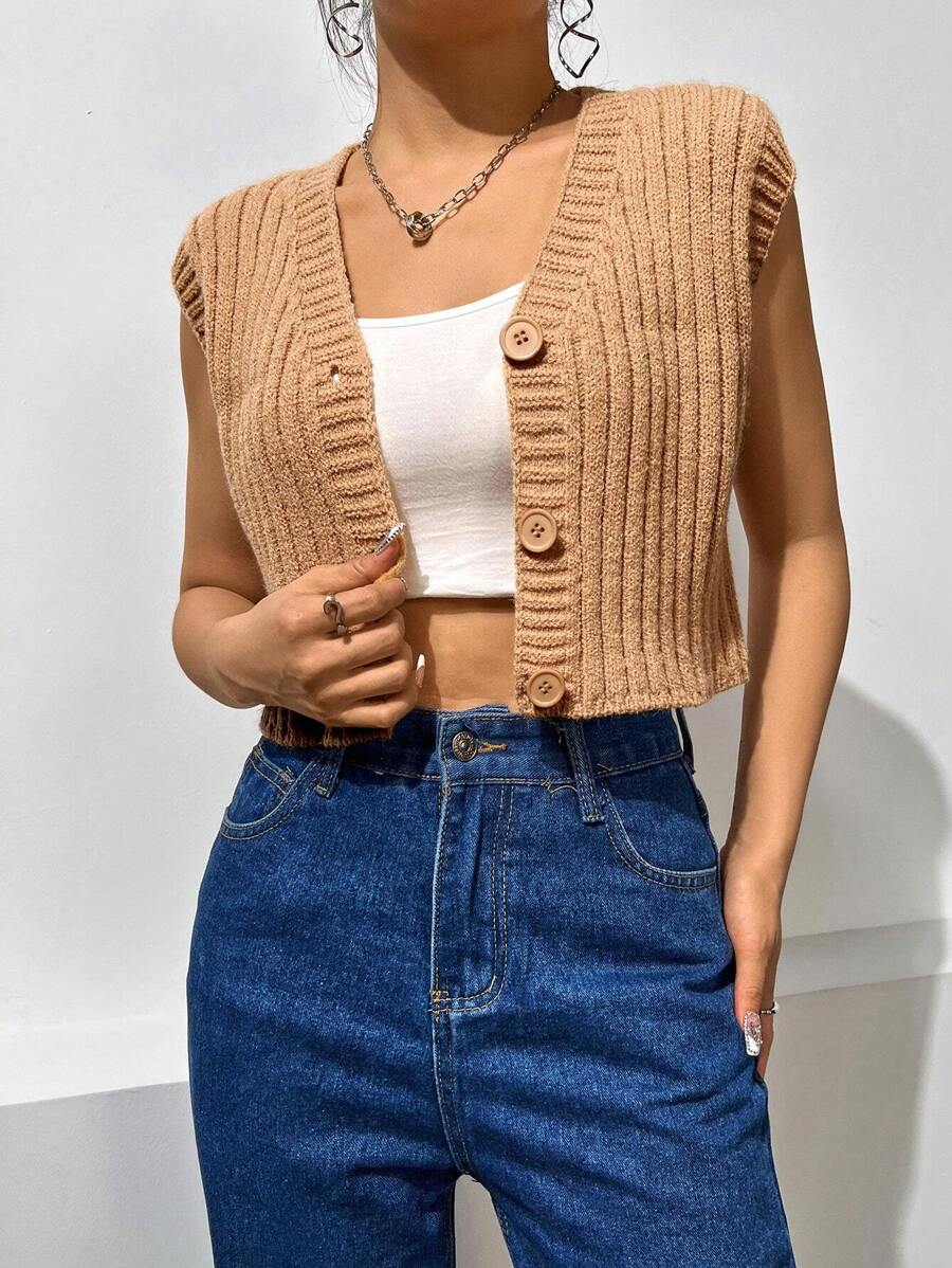 SHEIN Unity Áo len crop top không có nút phía trước - Màu Khaki - Xem 1