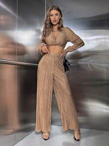 SHEIN Privé Twist Front Crop Top & Flare Leg Pants - Khaki - View 4