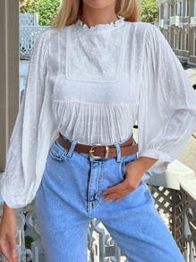 EURMUSE Chấm Swiss Cổ diềm Tay áo lồng đèn Áo sơ mi - trắng - Xem 4