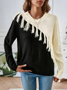 SHEIN LUNE Two Tone Fringe Trim Knit Pullover Fall Winter Sweater - Black and White - View 4