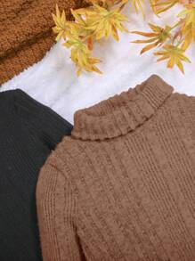 SHEIN 2pcs Baby Boy/Girl Solid Color Soft Comfortable Knit Casual Long Sleeve Top Set - Brown - View 3