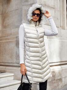 EURMUSE Fuzzy Trim Hooded Puffer Vest Coat - White - View 3