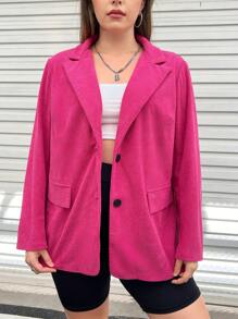 Flirla 大碼西裝領翻蓋細節燈芯絨西裝外套 - 玫紅色 - 查看 4