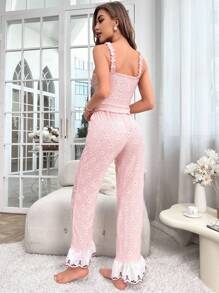 Côtesoire Strawberry Embroidery Ruffle Trim Cami Top & Pants PJ Set / Pajama Set - Baby Pink - View 2