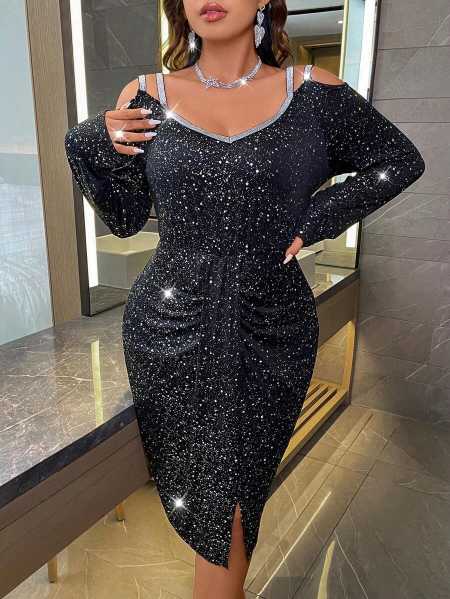 Allurite Hơn Vai lạnh Xù Viền chia cắt Váy bodycon - màu đen - Xem 1