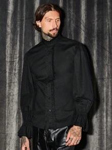 GENTILAND Men Flare Sleeve Frill Trim Mock Neck Shirt - Black - View 6