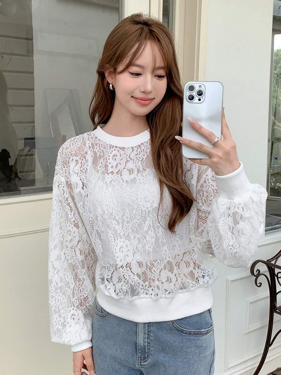 DAZY 素色落肩袖蕾絲運動衫不附吊帶上衣 - 白色 - 查看 1