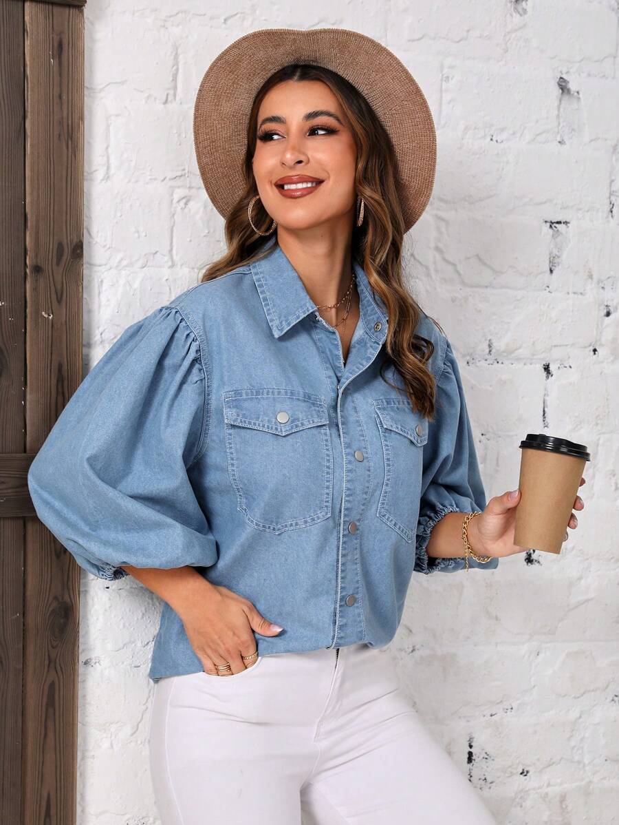 SHEIN LUNE 翻蓋口袋燈籠袖牛仔襯衫 - 淺色水洗藍 - 查看 1