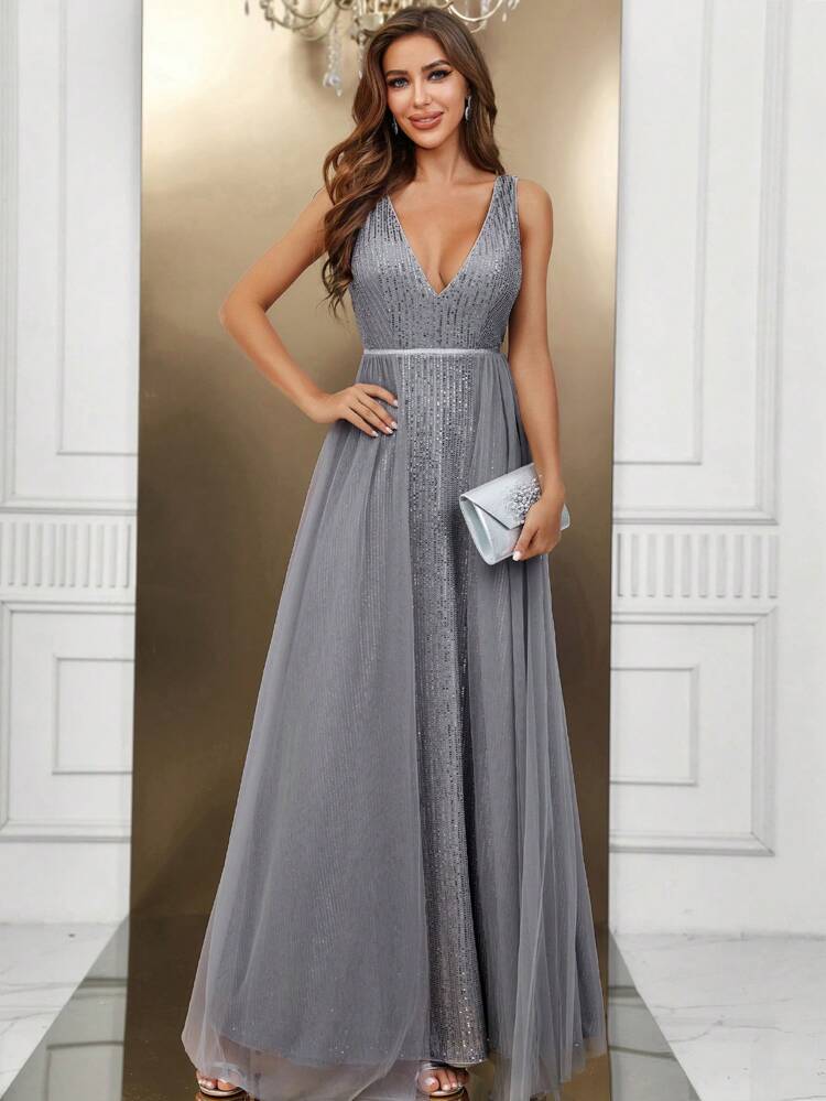 Plunging Neck Sequin Formal Dress