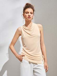 Cowl Neck Drawstring Ruched Tank Top - Beige - View 1