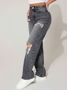 SHEIN PETITE High Waist Cut Out Ripped Frayed Straight Leg Jeans ,Petite Women - Light Grey - View 3