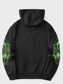 ROMWE MEN Grunge Punk Men Eagle & Slogan Graphic Zip Up Thermal Lined Hoodie - Black - View 2