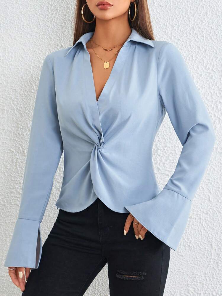 Twist Front Split Flare Sleeve Top