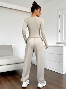 Muchica Conjunto de camiseta con estampado de letras y pantalón de chándal casual, otoño - Beis - Ver 2